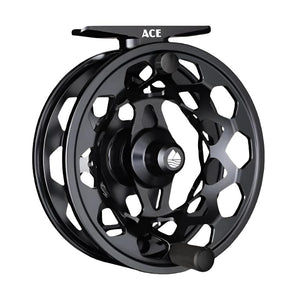 Night rider color Redington Ace Fly Reel showing the side with drag knob on a white background.
