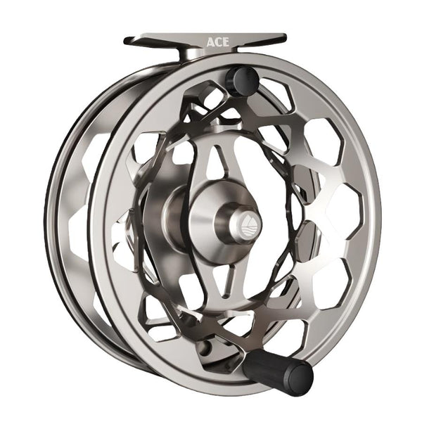 Silver color Redington Ace Fly Reel showing the side with drag knob on a white background.