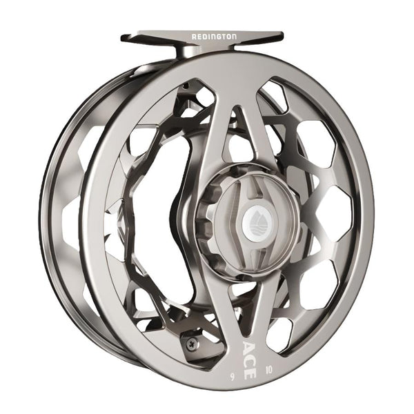 Silver color Redington Ace Fly Reel showing the side with drag knob on a white background.