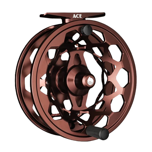 Tobacco brown Redington Ace Fly Reel showing the side with handle on a white background.