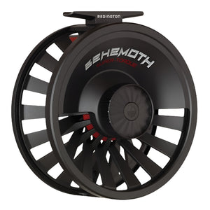 Redington Behemoth Fly Reel in black showing the side with drag knob on a white background.