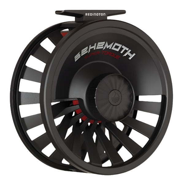 Redington Behemoth Fly Reel in black showing the side with drag knob on a white background.