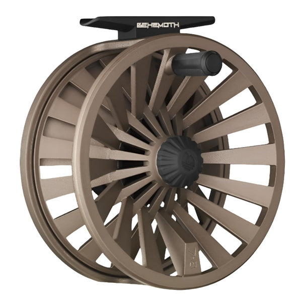 Redington Behemoth Fly Reel in matte bronze showing the side with handle on a white background.