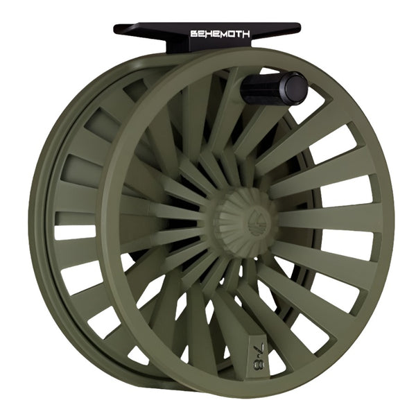 Redington Behemoth Fly Reel in od green showing the side with handle on a white background.