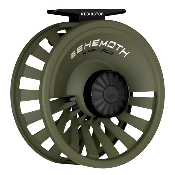 Redington Behemoth Fly Reel in od green showing the side with drag knob on a white background.