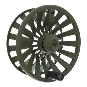 Extra spool for Redington Behemoth Fly Reel in od green showing the side with handle on a white background.