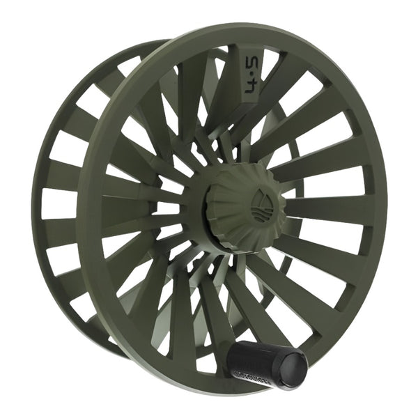 Extra spool for Redington Behemoth Fly Reel in od green showing the side with handle on a white background.