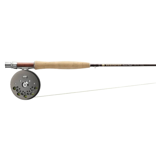 Handle section of the Redington Classic Trout Fishing Rod and Reel Kit showing the reel and line mounted on the reel seat, on a white background.