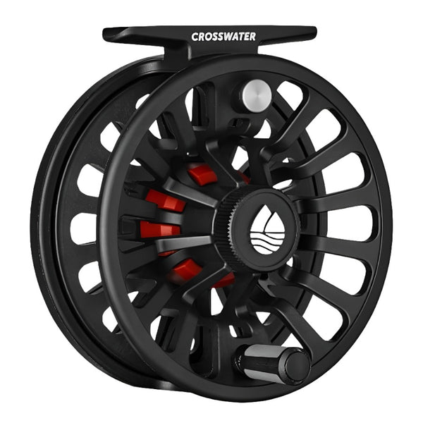 Black Redington Crosswater Fly Reel showing side with handle on a white background.