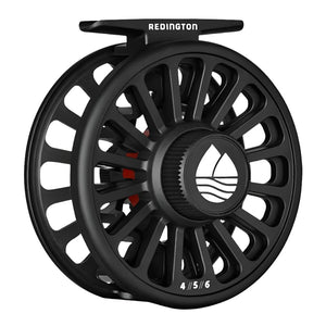 Black Redington Crosswater Fly Reel showing side with drag knob on a white background.