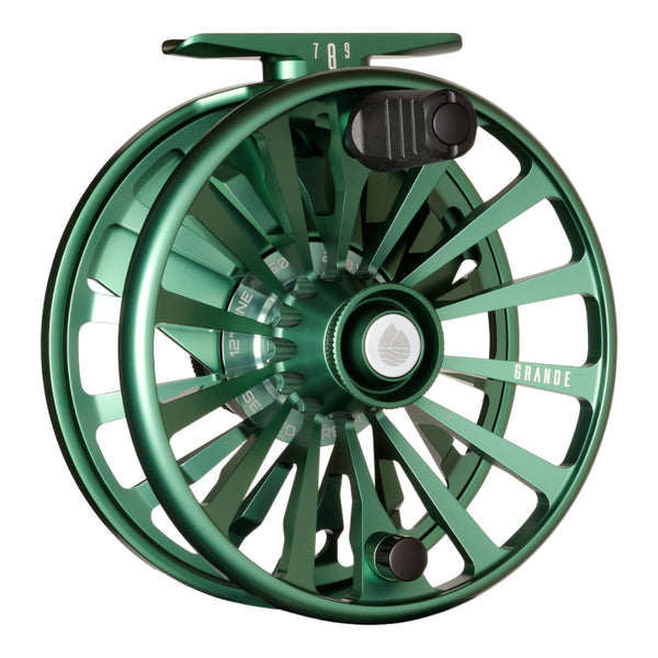 Seafoam green Redington Grande Artist Series Fly Fishing Reel showing the handle side on a white background.