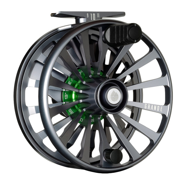 Storm grey Redington Grande Artist Series Fly Fishing Reel showing the handle side on a white background.