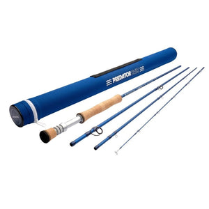 Four sections of the Redington Predator Salt Fly Fishing rod with blue rod tube on a white background.