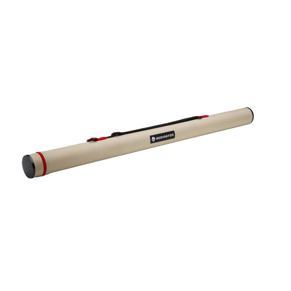 a tan colored redington rod tube for four piece fly fishing rods on white background