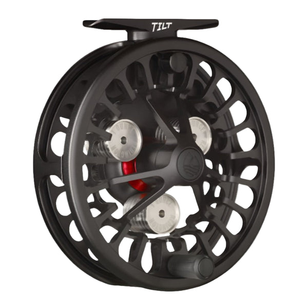 Black Redington Tilt Euro Nymph Fly Reel showing the handle side and weight system, on a white background.