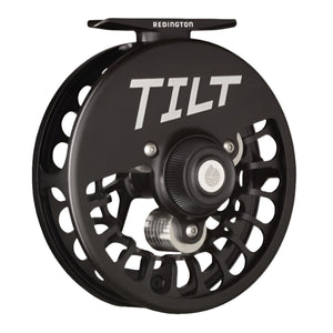 Black Redington Tilt Euro Nymph Fly Reel with a CNC machined, anodized 6061-T6 aluminum design and carbon fiber drag system, on a white background.