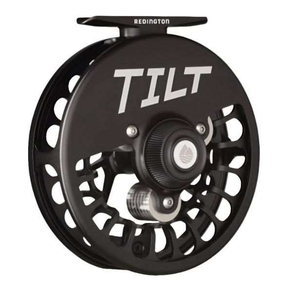 Black Redington Tilt Euro Nymph Fly Reel with a CNC machined, anodized 6061-T6 aluminum design and carbon fiber drag system, on a white background.