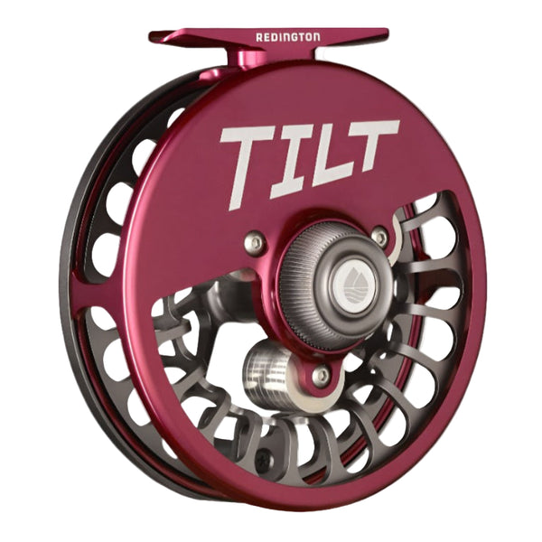 Garnet and gunmetal Redington Tilt Euro Nymph Fly Reel with a CNC machined, anodized 6061-T6 aluminum design and carbon fiber drag system, on a white background.