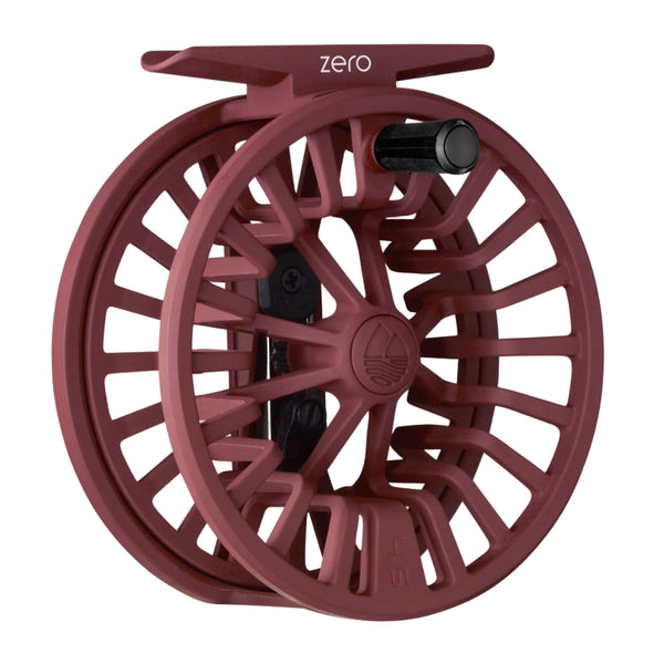 Burgundy color Redington Zero Click Drag Fly Reel showing the handle side on a white background.