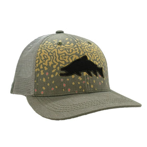 A standard fit Rep Your Water Brook Trout Flank Trucker hat with a grey brim and mesh and trout silhouette on the front, against a white background.