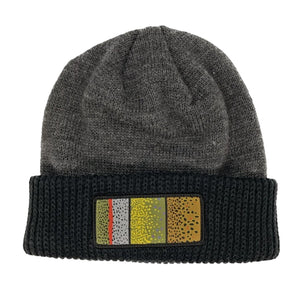 Grey knit beanie with a cuff and with a Rep Your Water Big Three patch on a white background.