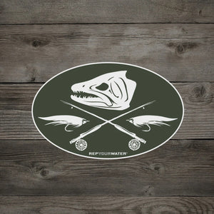 A Rep Your Water Jolly Trouter Sticker, parody of the Jolly Roger with a fish skull and crossed fly rods, on a wood grain background.