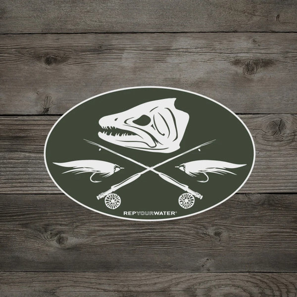A Rep Your Water Jolly Trouter Sticker, parody of the Jolly Roger with a fish skull and crossed fly rods, on a wood grain background.