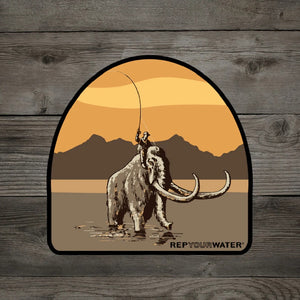 A Rep Your Water Mammoth Mobile Sticker, featuring an angler riding a mammoth through a lake, on a wood grain background.