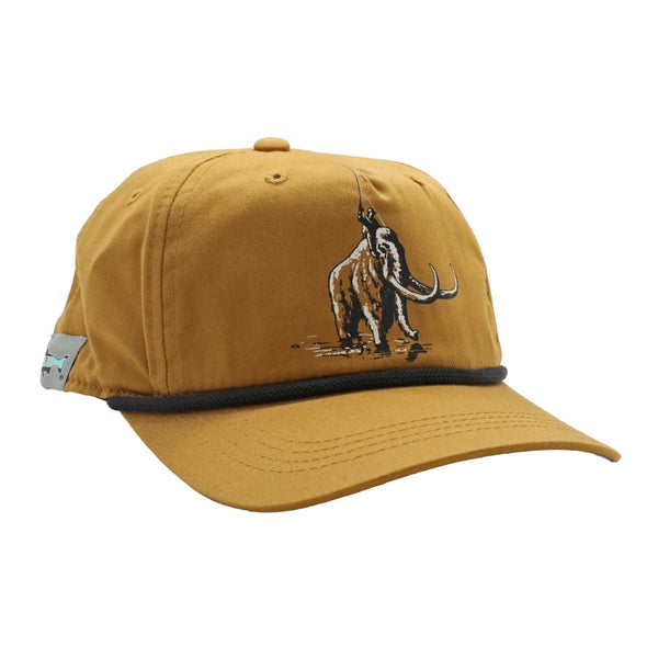 An unstructured 5-panel fit Rep Your Water Mammoth Mobile Hat with a buckskin color full cloth construction and custom mammoth image on the front, against a white background.