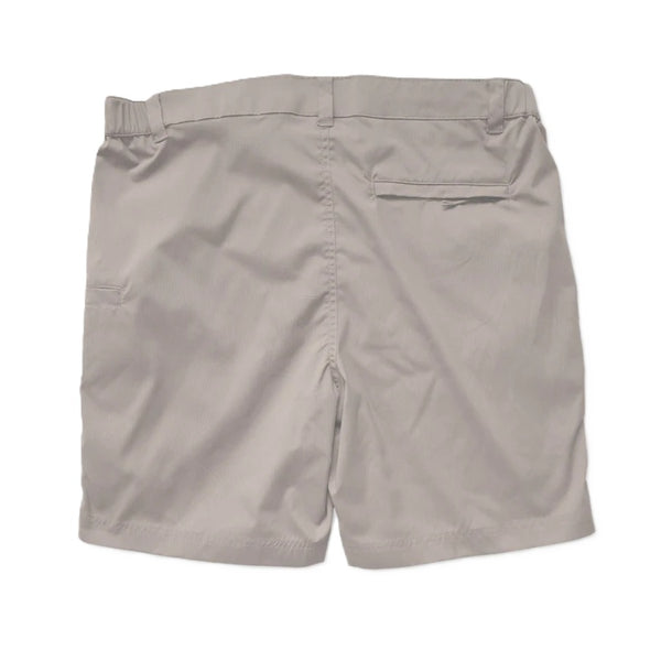 Light grey Rep Your Water Men's Bitterroot UPF Shorts with zipper back pocket on a white background.