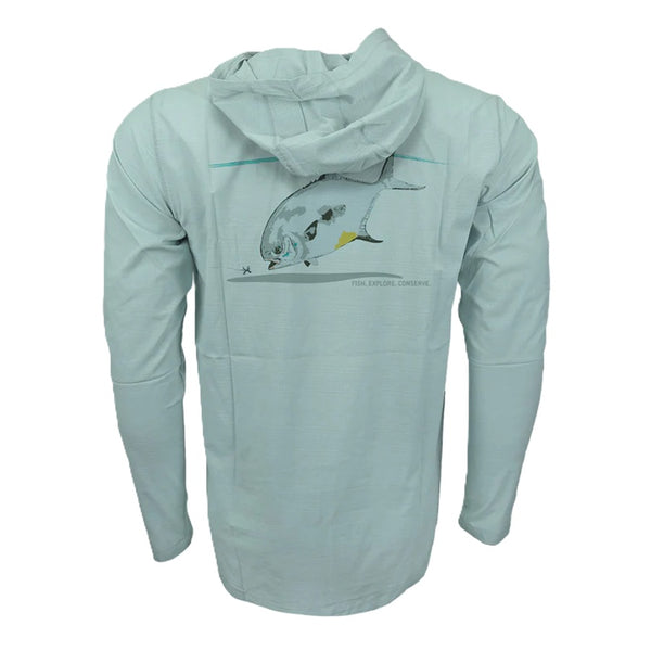 Clearwater blue Rep Your Water Men's Flolite UPF Sun Hoody with feeding permit graphic on the back, on a white background.