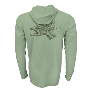 Lichen green Rep Your Water Men's Flolite UPF Sun Hoody with predator trout graphic on the back, on a white background.