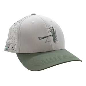Grey Rep Your Water Ride High Drake Performance Fit Trucker Hat with green brim and embroidered dry fly design on a white background.