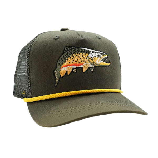 Green with yellow rope brim Rep Your Water The One 5-Panel Trucker Hat with embroidered trout on the front, against a white background.