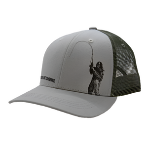 Quarter turn view of the Rep Your Water brand tight lines squatch mesh back ball cap in grey and green, with the sasquatch fighting a fish graphic on the front panel. On a white background.