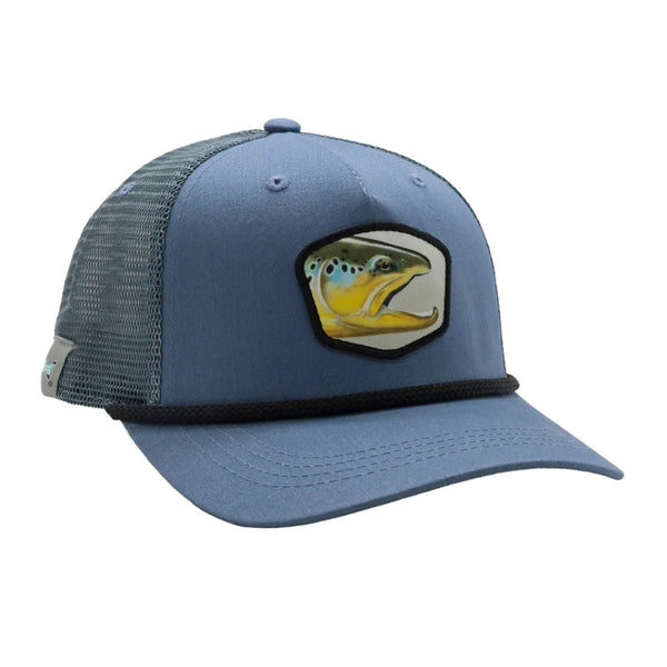 A 5-Panel fit Rep Your Water Trutta Portrait Trucker Hat with a light blue brim and mesh and trout portrait patch on the front, against a white background.