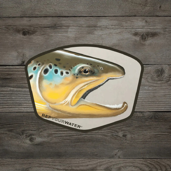 A Rep Your Water Trout Portrait Sticker, featuring a custom brown trout graphic, on a wood grain background.