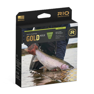 Rio Elite Gold Max Fly Line packaging featuring a person holding a fish in the river, over a white background.
