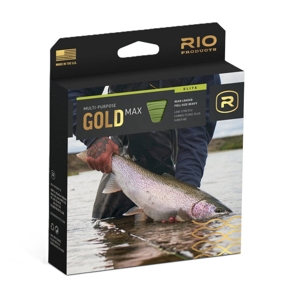 Rio Elite Gold Max Fly Line packaging featuring a person holding a fish in the river, over a white background.