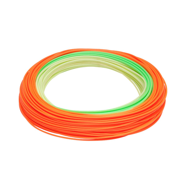 Rio Elite Gold Max Fly Line in blaze orange and green coiled on a white background.