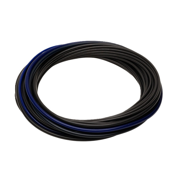 Coiled black and blue Rio Elite Skagit Pickpocket Sink Tip Shooting Head on a white background.