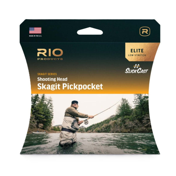 Packaging for the Rio Elite Skagit Pickpocket Sink Tip Shooting Head on a white background.