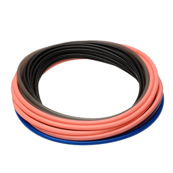 Coiled black, pink, and blue Rio Elite Skagit Pickpocket Sink Tip Shooting Head on a white background.