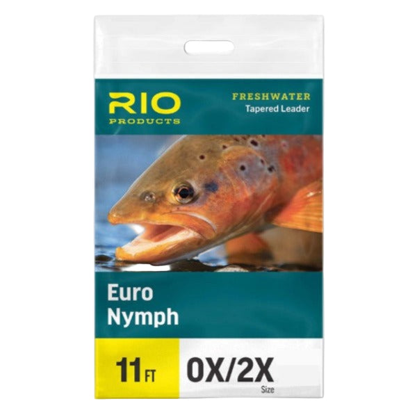 Packaging of Rio Euro Nymph Leader with a picture of a trout on it and details about the product on a white background.