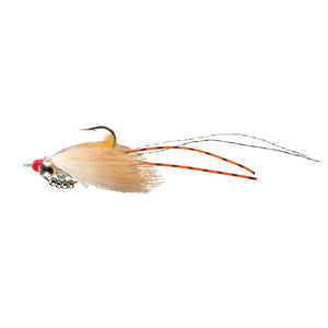 Side view of the lightweight version rio flies avalon shrimp fly for bonefish and permit on a white background.