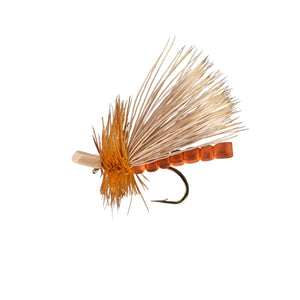 Rio Flies Morrish October Caddis Dry Fly with orange body and deer hair wing on a white background. 