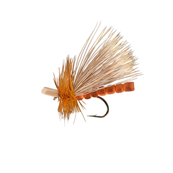 Rio Flies Morrish October Caddis Dry Fly with orange body and deer hair wing on a white background. 