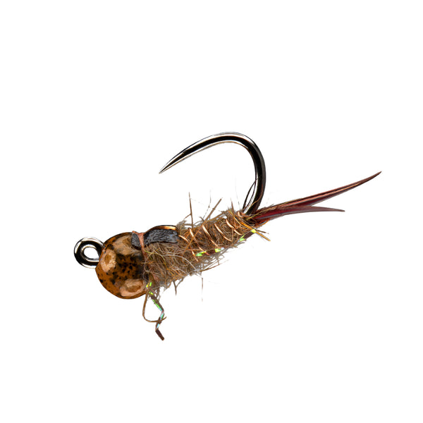 Rio Flies' Bug Nugget barbless jig nymph in brown on a white background.