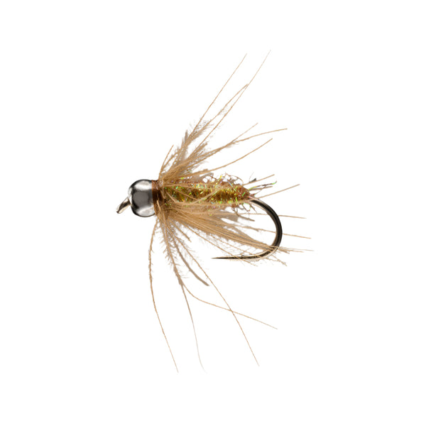 Rio Flies' Tung Dart soft hackle fly fishing nymph in brown on a white background.