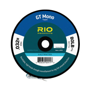 A spool of 80lb Rio GT Mono Tippet on a white background.